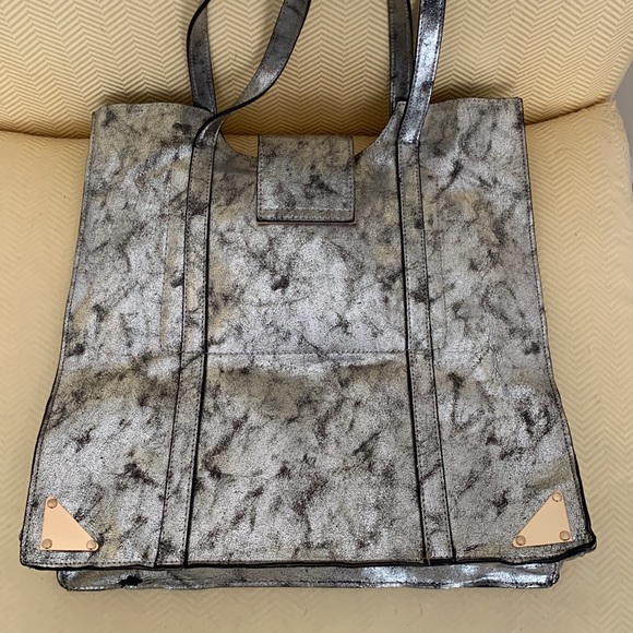 EUC Neiman Marcus faux leather distressed metallic silver finish tote bag - Picture 5 of 11
